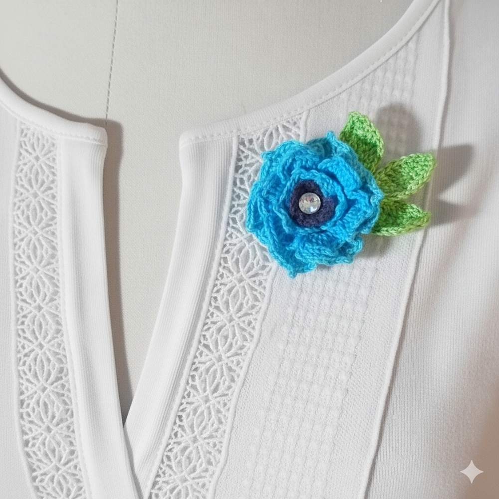Brooch Blue Dahlia Corsage Magnetic Lapel Pin Crochet Floral Flower Handmade